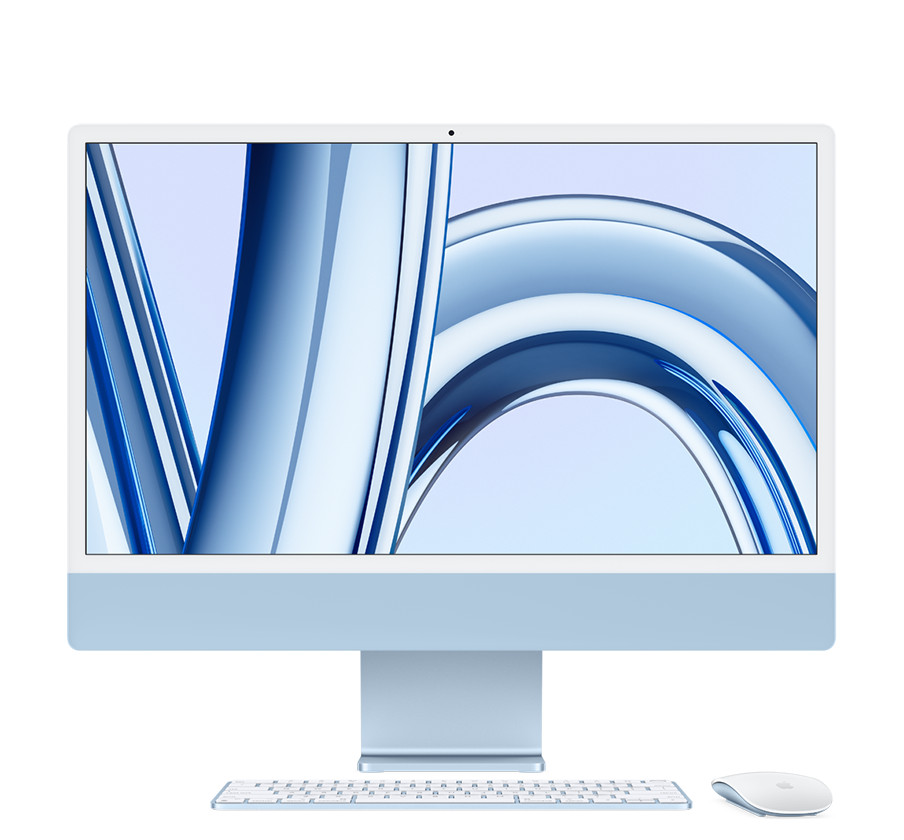 ​iMac 24" M3 (sur mesure) (Bleu, Magic Keyboard - Français, 8 Go de mémoire unifiée, SSD de 256 Go, Aucun, Magic Mouse, Puce Apple M3 avec CPU 8 cœurs, GPU 8 cœurs et Neural Engine 16 cœurs)